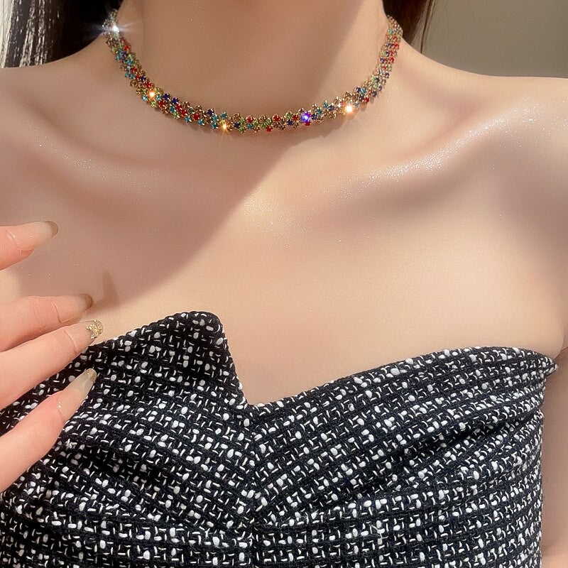 Luxo Brilhante Completo Strass Gargantilha Colar para Mulheres, Colares De Crist